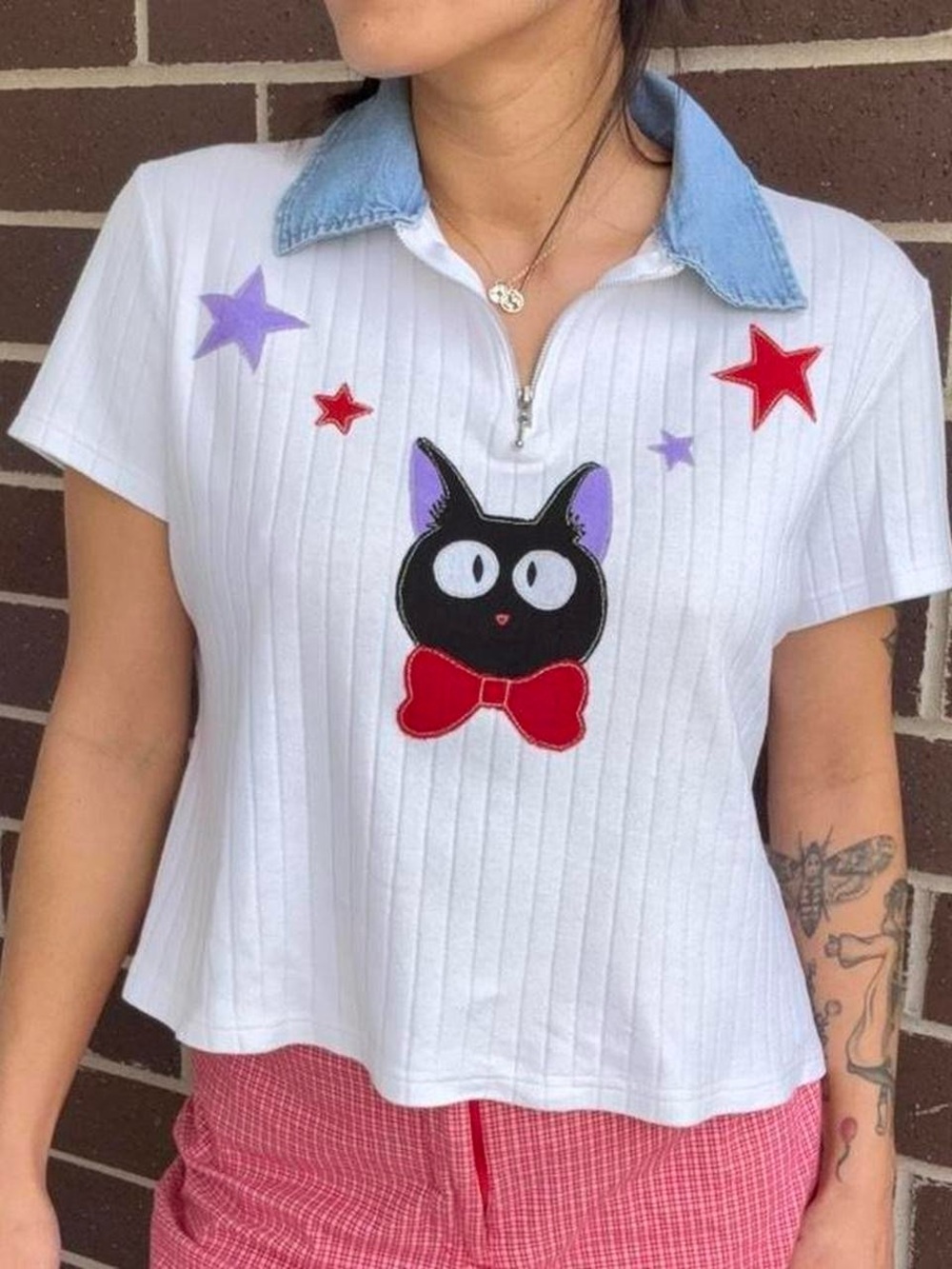 Kiki’s Delivery Service Cat and Stars Patched Design Vintage Half Zip Top LARGE